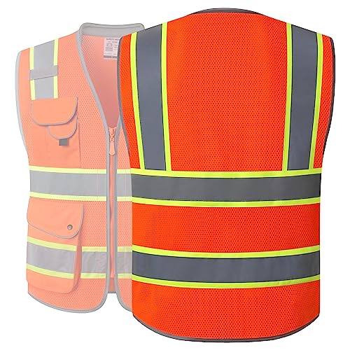 Image of JKSafety 9 Pockets Hi-Vis Safety Vest Breathable Mesh Fabric Cushioned Collar Work Utility PPE Lightweight Industrial Work Gear ANSI /ISEA compliant (101-Orange M)