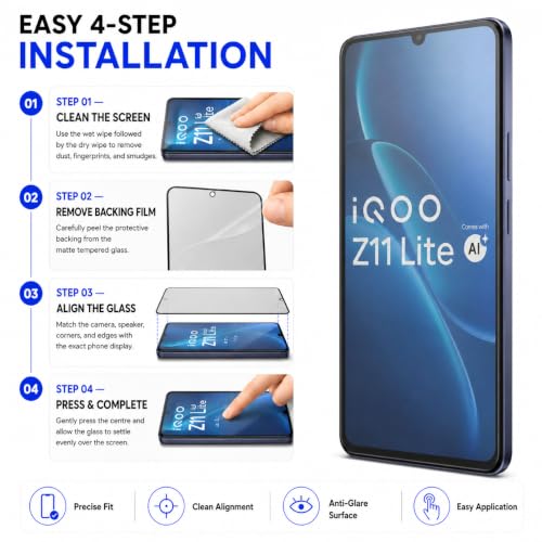 Image of FIRST MART Military-Grade Matte Tempered Glass for iQOO Z11 Lite - 9H Screen Protector, Anti-Glare Protection, Scratch-Resistant, Bubble-Free (1 Pack)