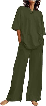 Women's Summer 2-Piece Lounge Sets - Cotton Linen Short Sleeve Tops & Wide Leg Pants Beach Vacation Outfits