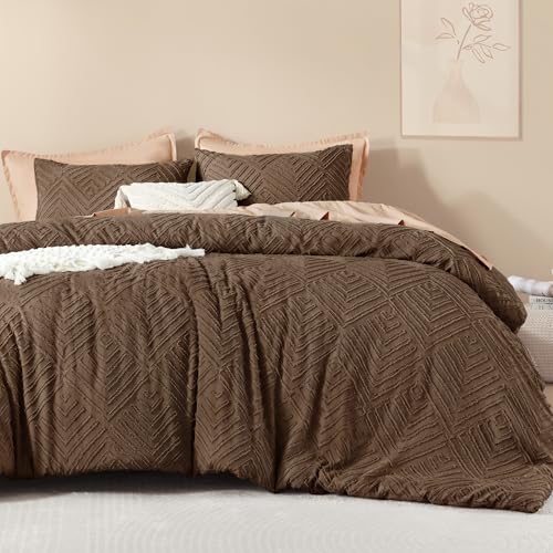 Image of Litanika Brown King Size Comforter Set, 3 Pieces Tufted Boho Farmhouse Bedding Comforter Sets, Lightweight Fluffy Comforter Bed Set for All Season (104x90In Comforter and 2 Pillowcases)