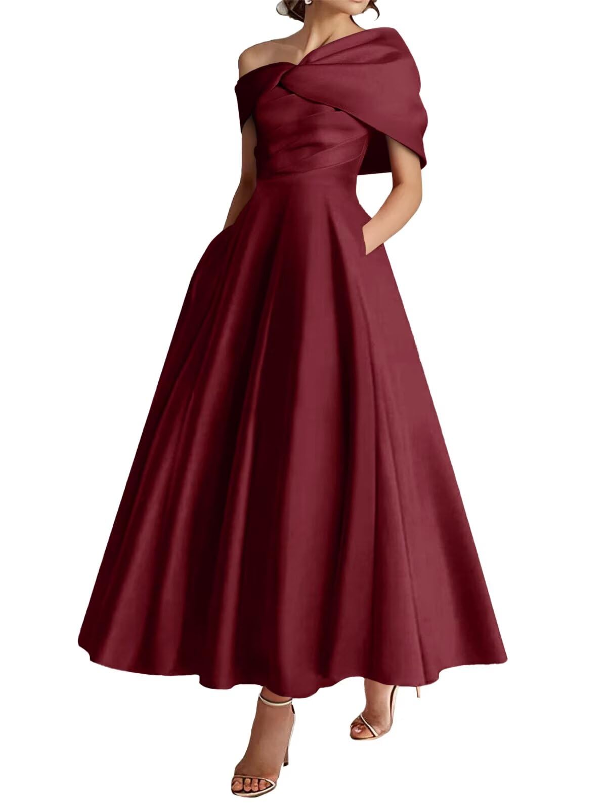 Verngo One Shoulder Mother of The Bride Dresses for Women Satin Ruffle A Line Formal Prom Evening Gowns with Pockets