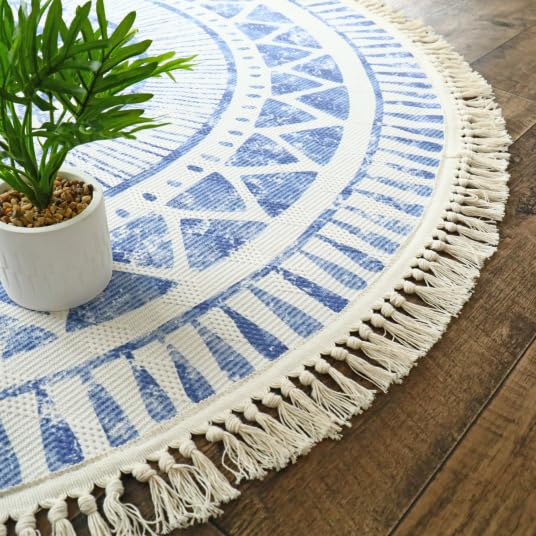 Tapis rond en coton blanc à franges - Aztèque - Motifs bleu - Rond Ø 150 cm