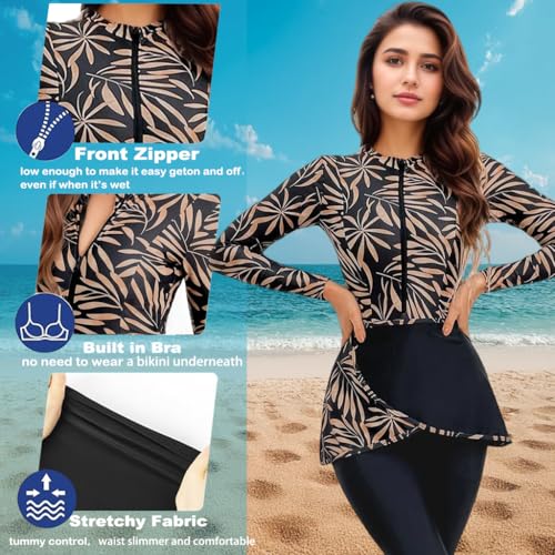 BananaHome Women Muslim Swimsuits Full Body Islamic Arabic Long Sleeve Burkini 2 Pieces Modest Swimming Dress Suit Rash Guard Swimwear (UAE/KSA, Alpha, M, Regular, Regular, Pattern black)