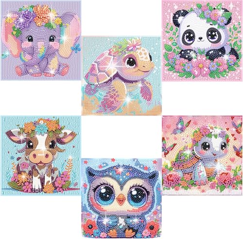 Acelii 6 Pack 5D Cartoon Diamond Painting Kits for Kids Beginners Cute Animals DIY Diamond Art Kit for Kids Full Round Drill Big Gem Art for Kid Home Wall Decoration 6X6 inch