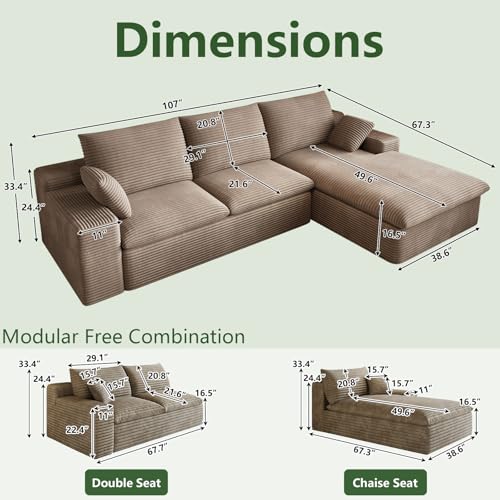 Image of 107 inch Cloud Couch Modular Sectional Sofa for Living Room, L-Shape Boneless Couch with Deep Seat, Modern Corduroy 3-Seater, No Assembly Required (Camel Brown,Right-Facing Chaise)
