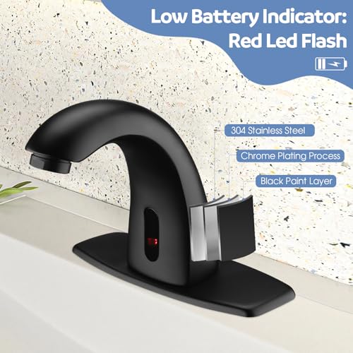 Image of Touchless Bathroom Sink Faucets, Automatic Motion Sensor Sink Faucet with Hole Cover Deck Plate, Commercial Sink Faucet for Bathroom (Black)