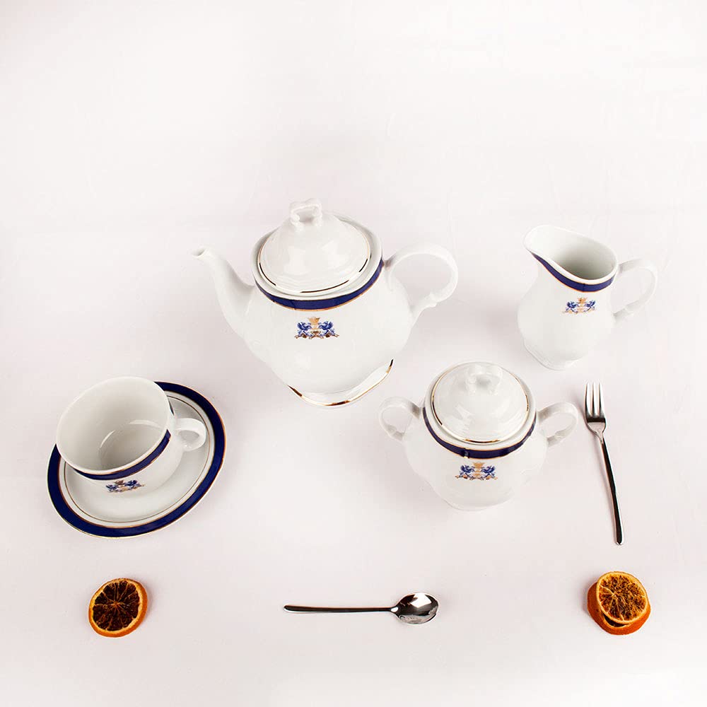 Duisburg - Set da tè in porcellana bianca decorata in blu coblato e filo d'oro 27 pezzi - 12 tazze, 12 piattini, 1 teiera, 1 lattiera, 1 zuccheriera