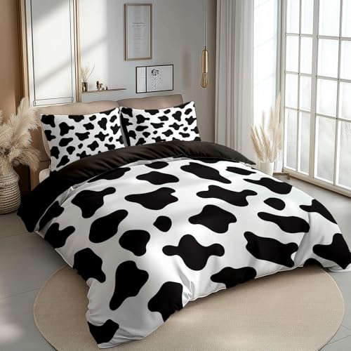 Reversible Bedding Set Duvet Cover Set Cot-bed for Kids Toddler- Cow Pattern Animal Prints Printed Quilted Comforter Cover with 1 Pillowcases, Microfiber, Zipper Closure, 2 Pieces