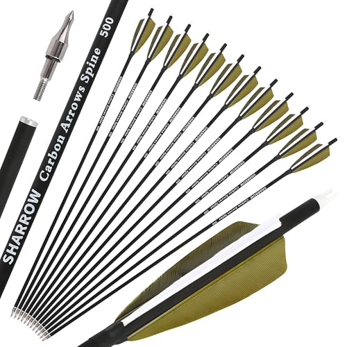 ZSHJGJR 30 Inch Archery Carbon Arrows Hunting Arrows with 4” Turkey Feather Target Practice Arrows Spine 500 for Compound & Recurve &Traditional Bow 6/12pcs (Olive Green, 6pcs Arrows)