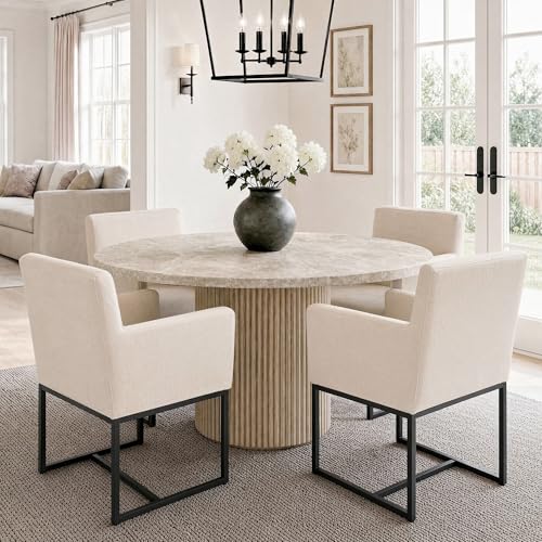 Image of HNY Mid Century Modern Upholstered Dining Chairs with Arms Set of 4, Linen Accent with Black Finish Metal Frame, 19'' Wide for Living Room Kitchen Bedroom, Cream, Cream-linen-black Frame