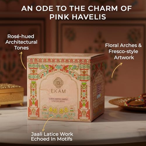 Image of EKAM 2025-26 Festive Fragrance Gift| Scented 3 Wick Candle| Rose | Inspired by Pink Haveli | 28-Hour Burn | Essential Oil Infused | Gift Box for Diwali & Celebrations