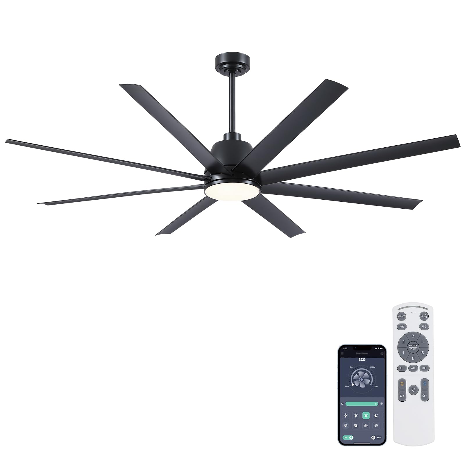 BYKISTOK 72" Black Ceiling Fan with Lights and Remote Control - Large Industrial Ceiling Fan with 8 ABS Blades, Dimming, DC Motor Reversible, Indoor/Outdoor Modern Ceiling Fan for Living Room, Black