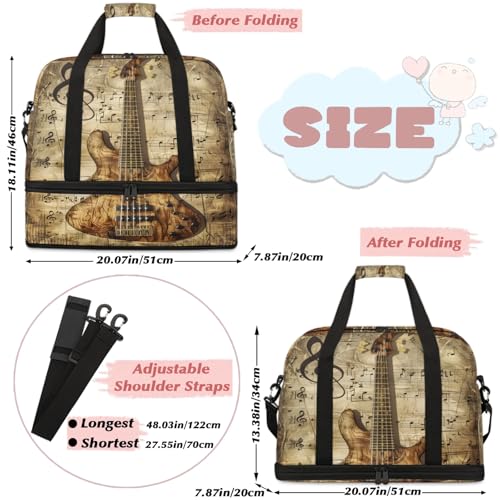 Retro Music Note Guitar Travel Duffel Bags for Women & Men Large Sports Gym Bags Foldie Weekender Overnight Bag Carry On Tote Bag With Shoe Compartment Personal Item Bag for Travel Sports Gym2