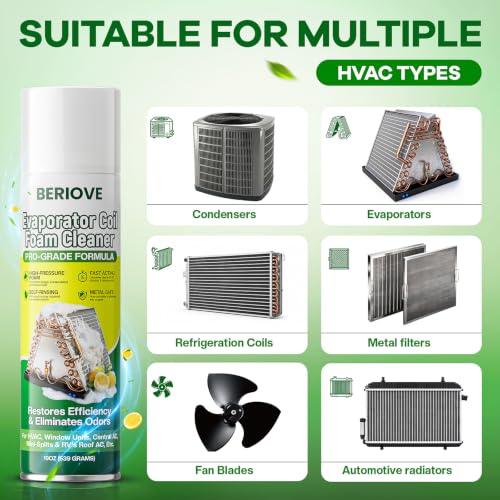 Image of BERlOVE Foaming AC Coil Cleaner: Long - Lasting Foam, Quick Dust Removal, Ideal for Dust & Grease Removal on Evaporator Coils & Condensers, Suited for HVAC Technicians & DIY Use 19oz