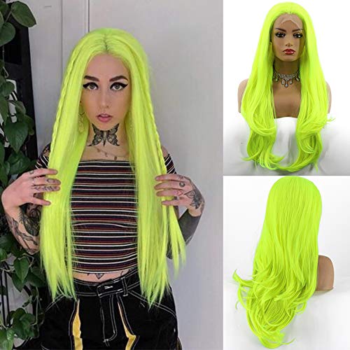 Perruque en dentelle synthétique pour femme - Longue ondulée - Couleur : jaune et vert - Longue et ondulée Cover