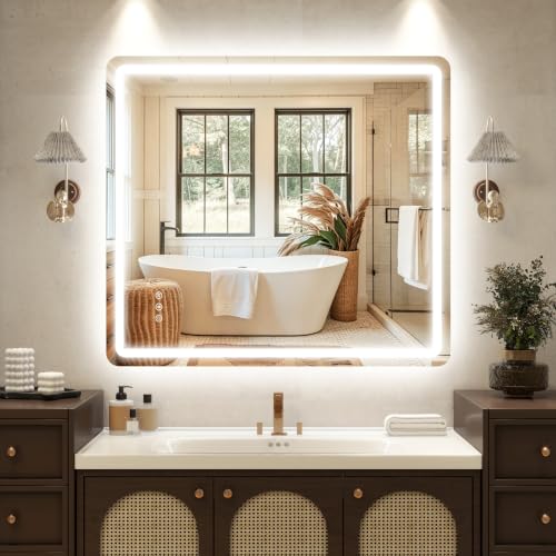 Image of 40 inch x 36 inch Led Bathroom Mirror with Lights, Anti-Fog & Tri-Color Lighting - Wall Mounted Shaving Mirror with Touch Sensor, Waterproof & Smart LED Vanity Mirror,Tempered Glass, Dimmable Smart Mirror