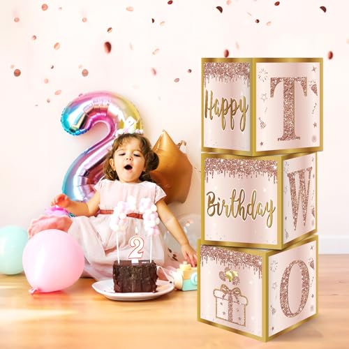 Image of Guiruiy 3Pcs 2nd Birthday Boxes Decorations for Girls - Pink Rose Gold Two Sweet Birthday Balloon Boxes Party Supplies, Two Years Old Girl Bday Theme Cardboard Gift Box Decor