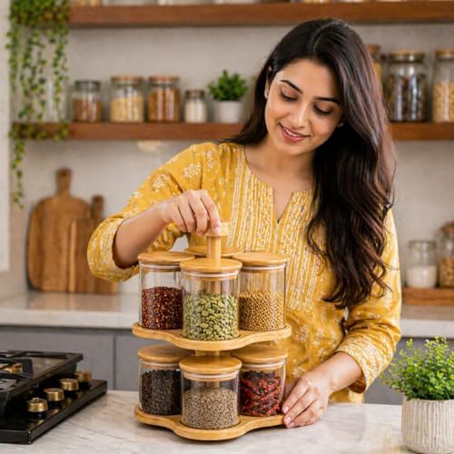 Image of 360 Rotating Spice Rack Organiser, 2-Tier Bamboo Stand with 8 Glass Jars, 250ml Each, BPA Free, Kitchen Storage