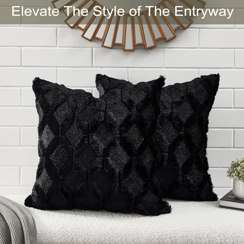 Volcanics Pack of 2 Faux Wool Throw Pillow Covers 20x20 Inches Decorative Farmhouse Velvet Couch Pillow Case Soft Plush Square Boho Cushion Pillowcase, Black