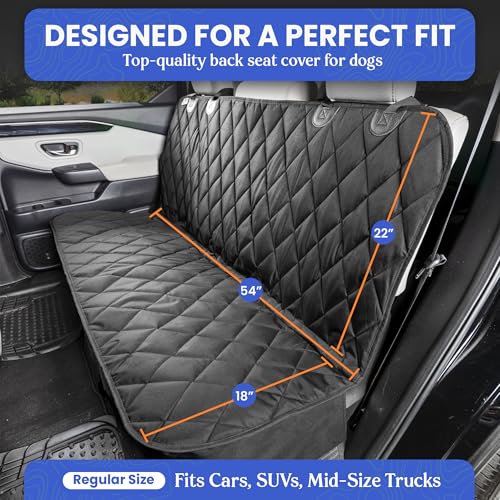 4Knines Back Seat Pet Cover for Dogs w/o Hammock – 54' Wide, Waterproof Car Seat Cover, Non-Slip, Heavy-Duty – Fits Cars, SUVs, Small Trucks – 2 Seat Belt & Latch Access – Back Seat Protector (Black)