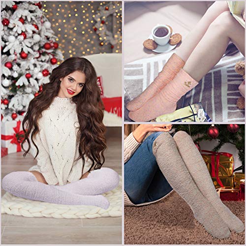 Geyoga 3 Pairs Women's Warm Fuzzy Socks Winter Long Plush Over The Knee Stockings Slipper Socks #TOP6