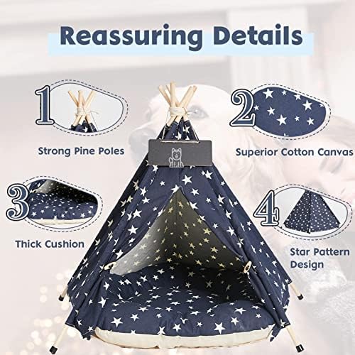 Nukdey Pets Teepee Dogs Tent Teepee Tent 50x50x60cm Washable Cats Tents Dogs Cats Bed Play House with Removable Washable Cushion Easy Assemble (Navy Blue)