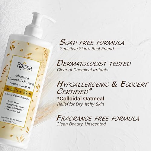 Image of Raissa Colloidal Oatmeal Face Wash Cleanser for Sensitive Skin | Hypoallergenic, Fragrance Free, pH Balanced Silicone Free | For Men & Women |200ml