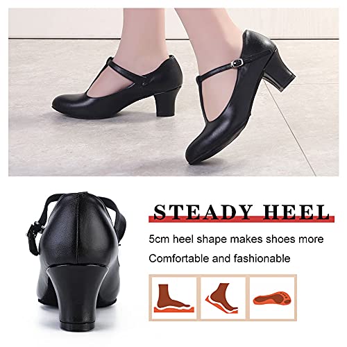 Ykxlm Women's Ballroom Dance Shoes Closed Toe T-Strap Latin Salsa Tango Practice Performance Character Dancing Shoes,727,Black,8 Us #TOP4