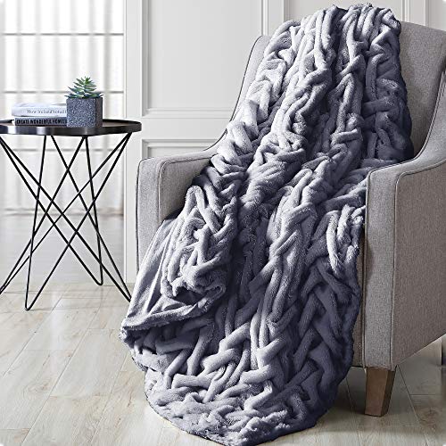 Image of Modern Threads Luxury Solid Braided Faux Fur Reverse to Flannel Throw Blanket, Grey - 50 inch x 60 inch