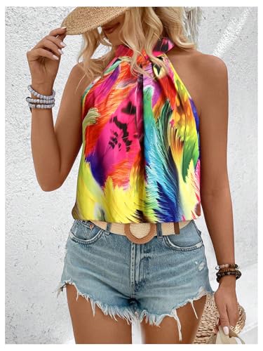 Image of RoseSeek Women's Tropical Paisley Halter Blouse Boho Shirt Vacation Tops