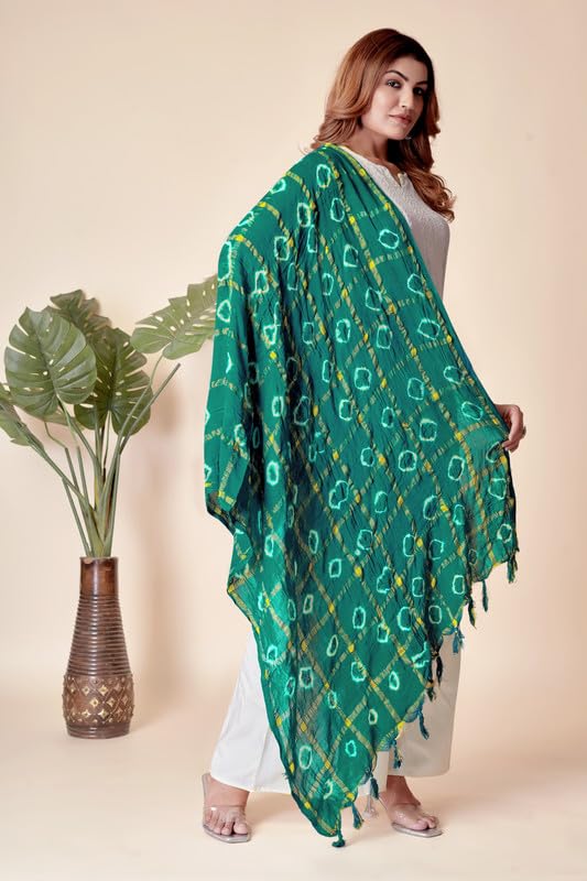 Image of Women Bandhani Dupatta | Traditional Chunri Print with Decorative Border | Lightweight Ethnic Stole for Festive and Wedding Wear