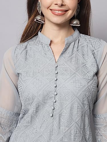 Image of Ekasya Women's Georgette Embroidered Work Kurta with Notch Neck 3 /4 Sleeves Straight Cut Calf Length | E1547