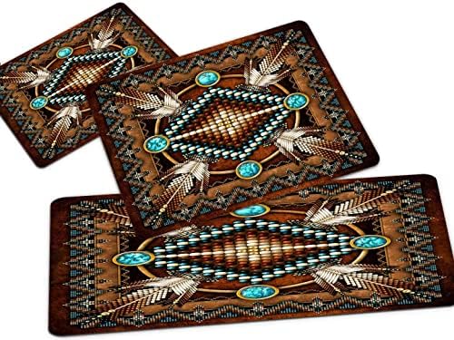 Rustic Kitchen Rug Sets 3 Piece,Tribal Native American Indian Southwestern Geometric,Comfort Floor Mats Washable Doormat Anti Fatigue Non-Slip Kitchen Runner Rug Farmhouse Bedroom Area Carpet