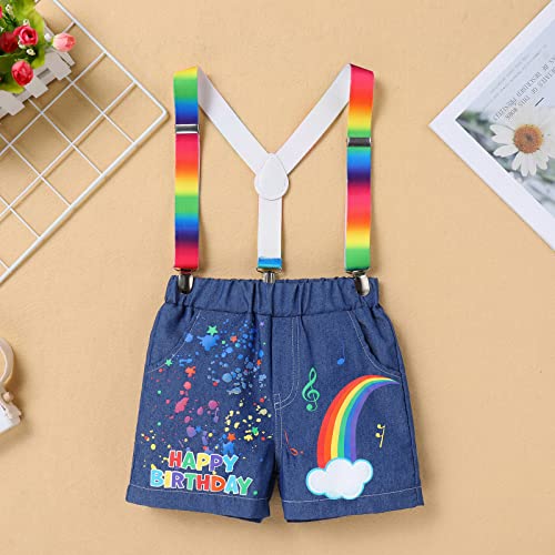 IMEKIS Toddler Baby Boys Melon Birthday Outfit Romper T-shirt + Jeans Shorts + Suspenders Rainbow Cake Smash Photo Shoot 1-5T4