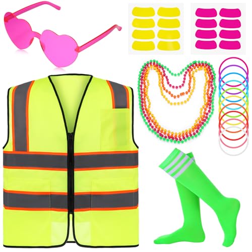 Skicuff Neon Outfit Neon Costume Accessories Reflective Vest Sunglasses Necklace Bracelet for Glow Party Football Game(Yellow)
