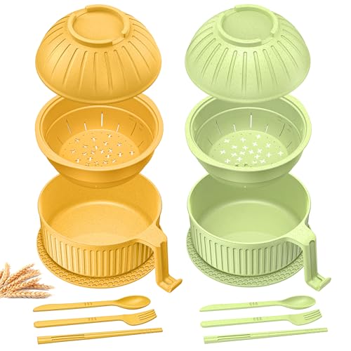 Image of Beiyunee Ramen Bowl with Handles, 2 Set Wheat Fiber Ramen Cooker Microwave with Strainer, 34oz Noodle Bowl with Pot Mat Spoon Chopsticks Fork for Home, School, Office, Dorm, Picnic or Gift