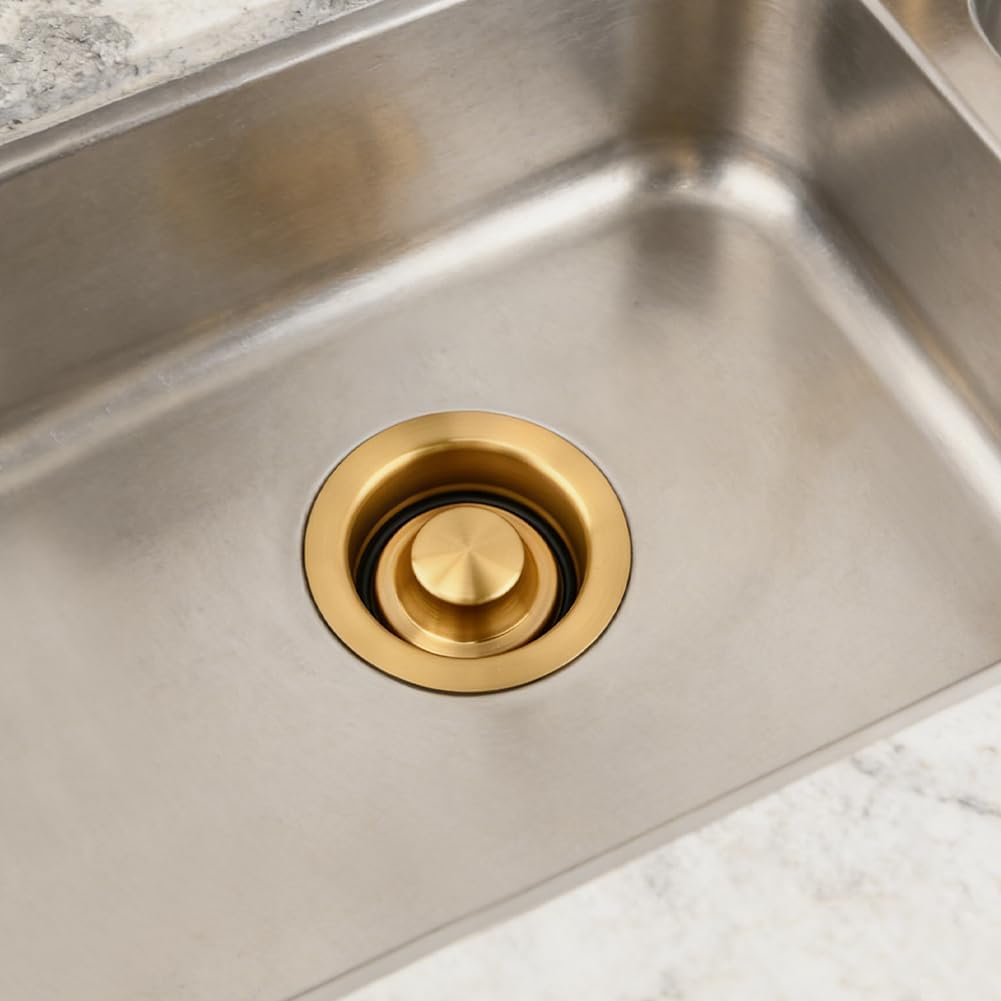 Kitchen Sink Garbage Disposal Flange and Stopper, Kitchen Sink Drain Stopper for US Standard 3-1/2 Inch, 304 Stainless Steel Champagne Brushed Brass Garbage Disposal Drain