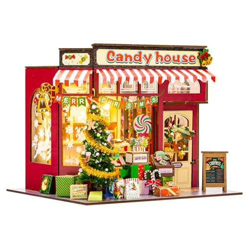 Book Nook Kit 3D Wooden Puzzles Christmas Candy Shop Miniature House Dollhouse Booknook Mini House Making Kit Bookshelf Decorations Gifts for Family Friends