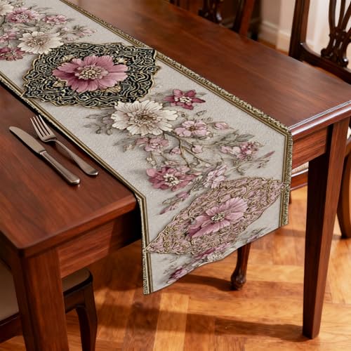 Image of Nuxovilar Pink Floral Table Runner Flax 13x72 in