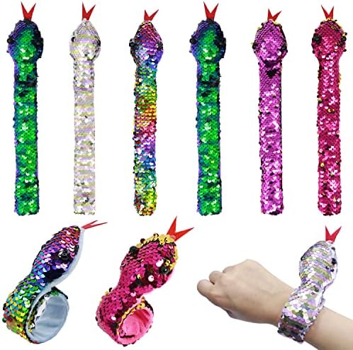 Lohoee 6 Pieces Slap Bracelet Snake Snap Bracelet Sequin Wristband for Kids Birthday Party Favors Supplies Halloween Stuff Gifts(Random Color)