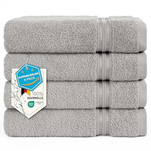 Hammetex Handtücher 50x100 cm 4er Set – 100% Baumwolle Frottier – Oeko-TEX Zertifiziert – Weich, Saugstark – mit Aufhänger, Hellgrau