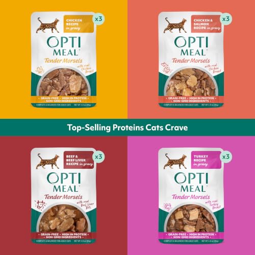 Image of Optimeal Wet Cat Food Variety Pack - Savory Protein Selection, Grain Free Tender Morsels, High Protein Premium Nutrition Made with Natural European Ingredients, Adult Cat Pouches 3oz (Pack of 12)