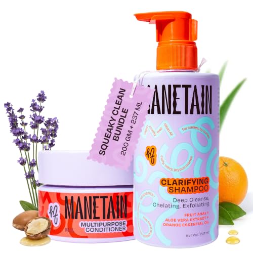 Image of MANETAIN Squeaky Clean Clarifying Shampoo 237ml & Multipurpose Conditioner 200gm | Curl Enhancing, Frizz Control, Protein-Moisture Balance | Hard Water, Product Buildup & Scalp Reset | For All Hair Types | For Men & Women