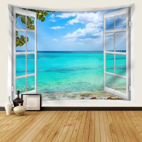 Grand textile mural de qualite paysage ocean fenetre bleu vert - 3