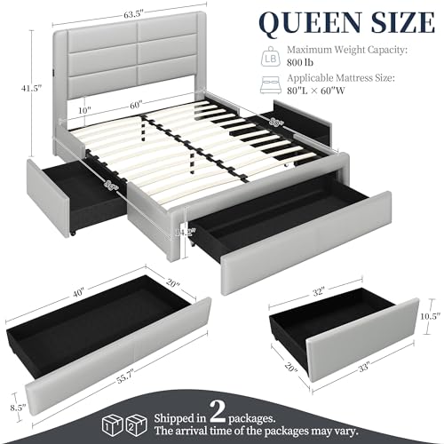 Yaheetech YT-00137724 Queen Size Bed Frame With 2 Usb Charging Station/Port For Type A&C/3 Storage Drawers,Leather Upholstered Platform Bed thumb #1