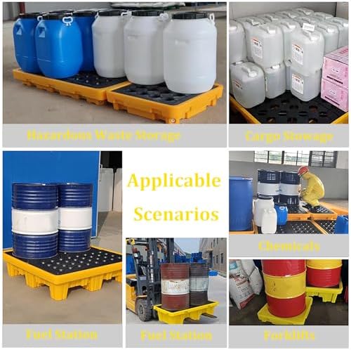 Low Profile Spill Containment Platform with Drain, Leakproof Polyethylene Paint Bucket Tray for Forklift, Industrial Warehouse Use (26" x 14.2" x 4.8", Yellow)