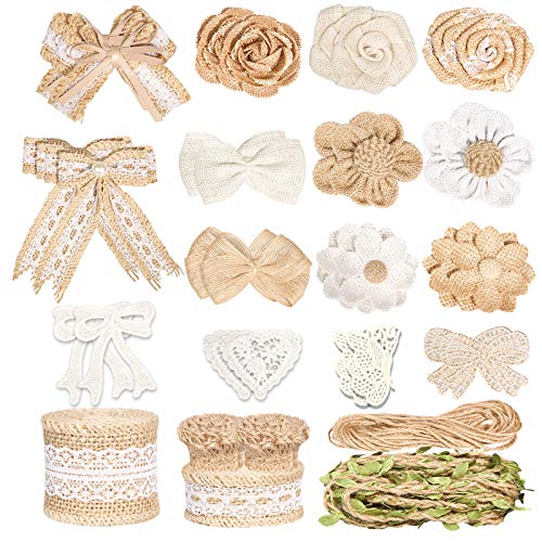 IDONGCAI 36PCS Craft Burlap for Flowers Set,Lace Burlap Ribbon Rolls, Small Burlap Bows,Rustic Ribbon, Natural Hemp Jute Twine Burlap Leaf Trim for Wedding Birthday Party Cake Glass Bottle Decor
