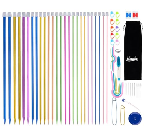 ilauke Lot de 60 aiguilles à tricoter, 13 paires 35cm d'aiguilles à tricoter circulaires interchangeables en acier inoxydable 2 mm-10 mm, point de verrouillage, mètre ruban (13 couleurs)