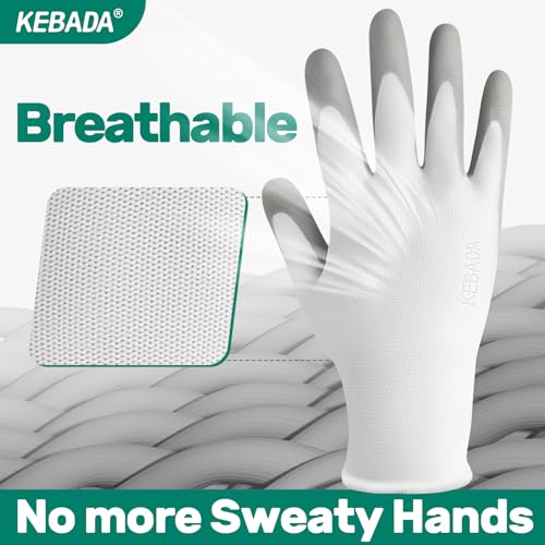Image of Kebada W1 Work Gloves for Men and Women, 12 Pairs Touchscreen Safety Gloves with Grip, PU-Coated, Ideal for Light & Medium Duty Tasks, White, Large