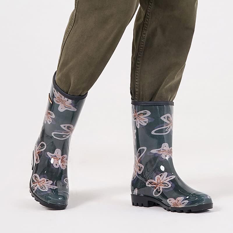 planone Flower Cloth Mid Calf Rain Boots For Women Waterproof Garden Shoes Anti-Slipping Rainboots for Ladies Comfortable Insoles Stylish Light rain Shoes Outdoor Work Shoes 10.5 Beige Flowers